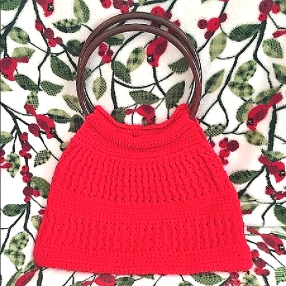 Vintage 70s Style Handmade Red Crochet Handle Bag